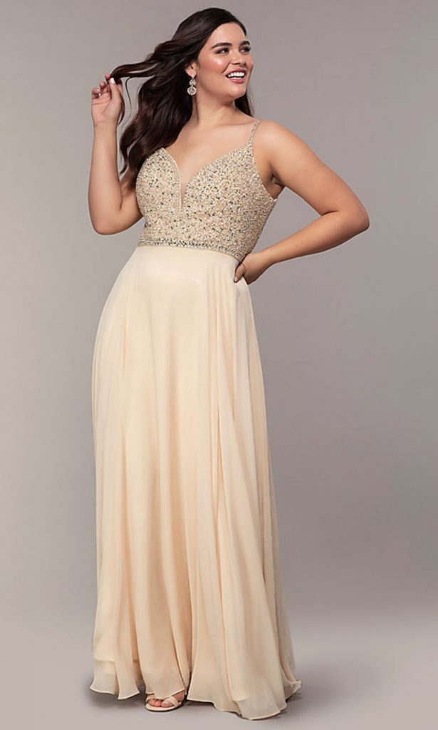Brown Beaded V Neck Gown Plus Size
