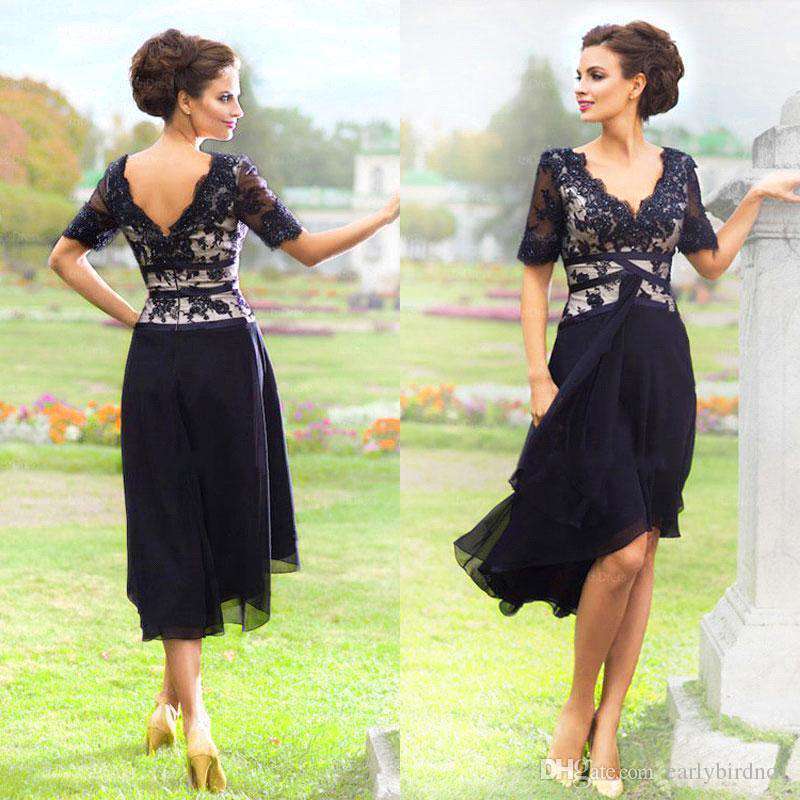 Navy Lace Blue Mother of the Bride Dresses Tea Length