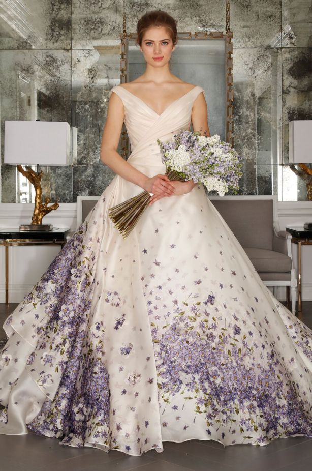 White Wedding Dress with Purple Floral Petals