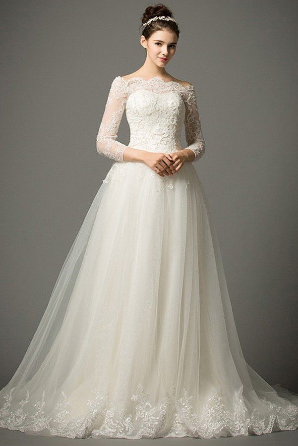 Sleeve Wedding Dress with Lace and Tulle Skirt